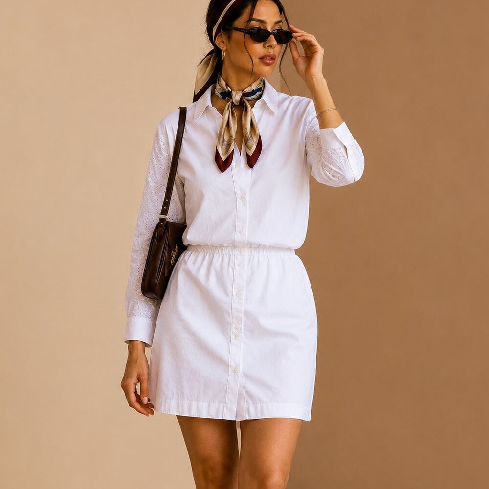 If Only Studio White Mini Shirt Dress Button Down Minimalist Cotton Blend NWT 2